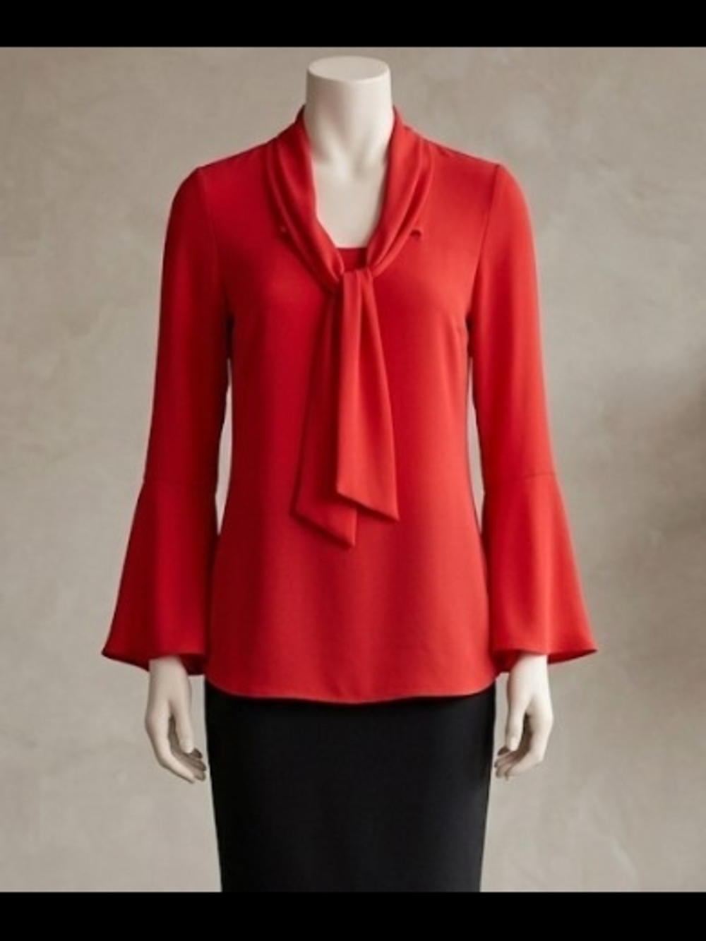Red Satine Tie-Neck Bell Sleeve Blouse (4/6) Designer Luxury Feminine Statement
